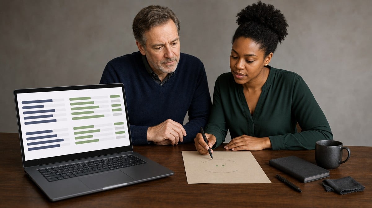Sales colleagues comparing quarterly goals with current progress