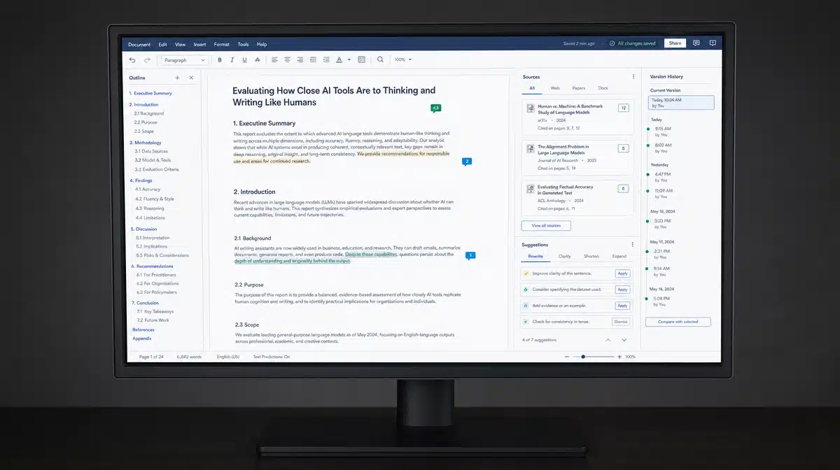 AI writing workspace with document editor, source cards, suggestions, and version history