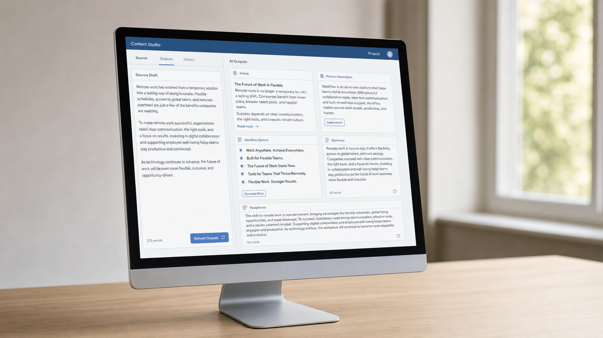 Content production workspace showing article, headline, summary, and paraphrase options