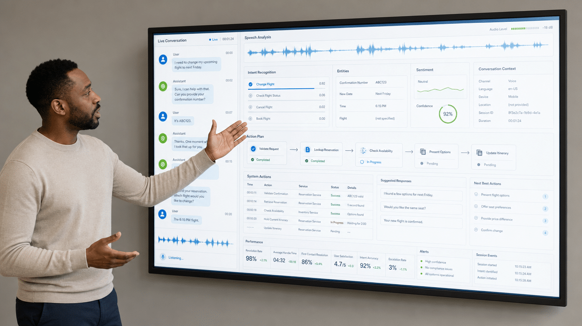 Presenter reviewing a voice assistant workflow with waveform, reminders, and task cards