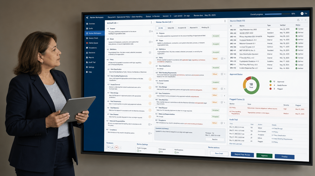 Human reviewer checking AI draft sources, flagged claims, approval status, and audit trail