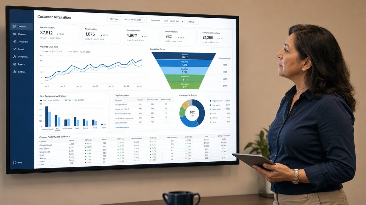 Marketing manager reviewing a customer acquisition dashboard