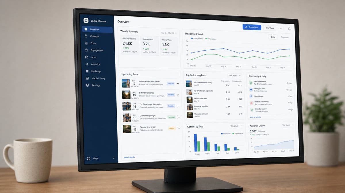 Social media planning dashboard on an office monitor