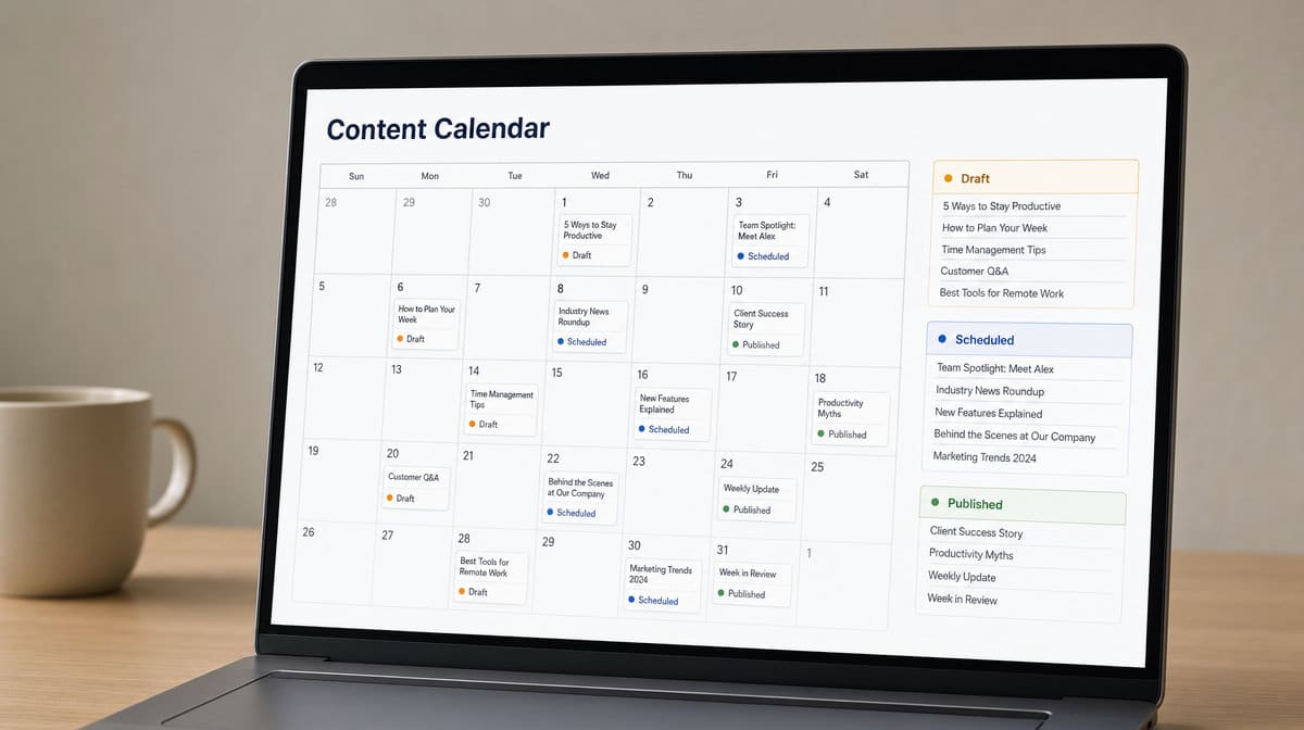 Content calendar showing draft, scheduled, and published posts