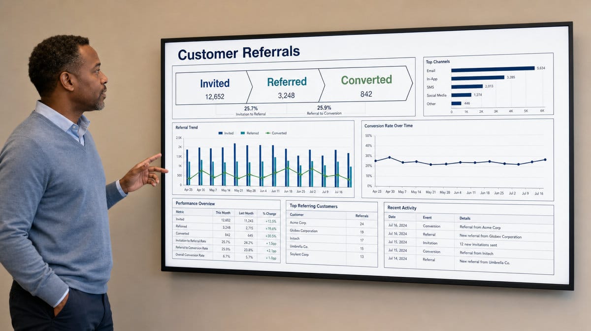 Customer success manager reviewing a customer referral funnel