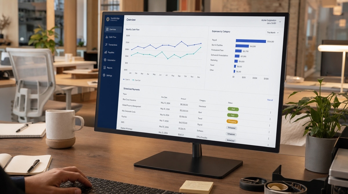 Finance automation dashboard on a desk monitor showing cash flow and scheduled payments