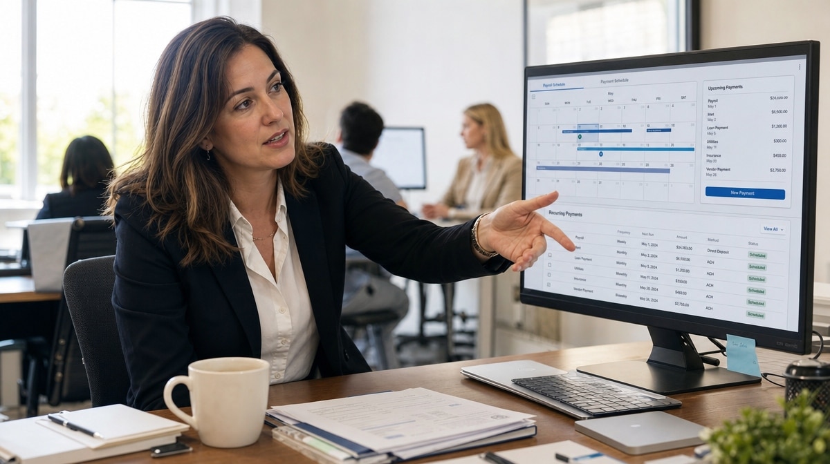 Businesswoman reviewing an automated payroll and bill payment schedule on a monitor
