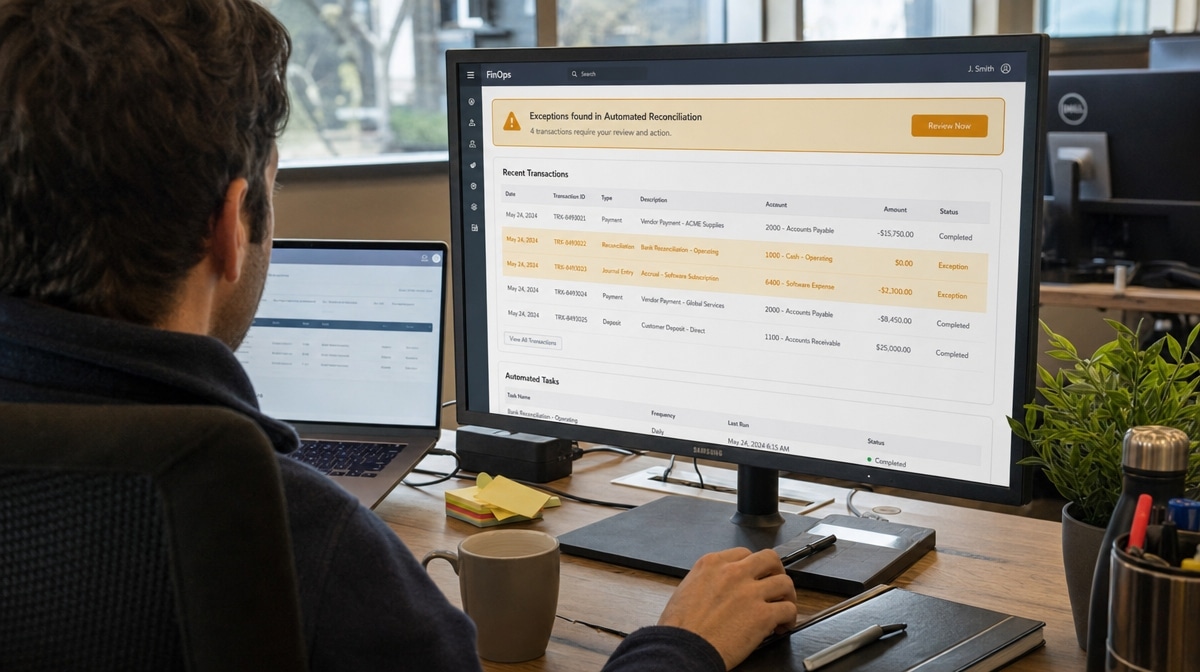 Finance worker checking flagged exceptions in an automated reconciliation screen