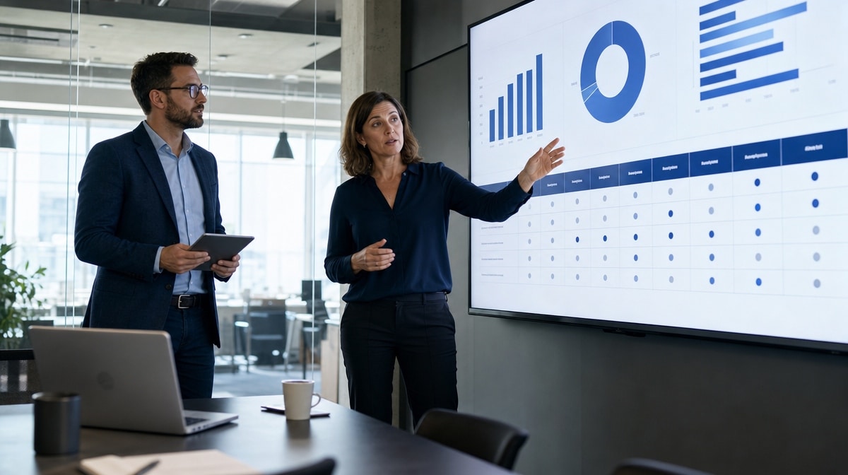 Two colleagues reviewing financial automation charts on a wall display in a meeting room
