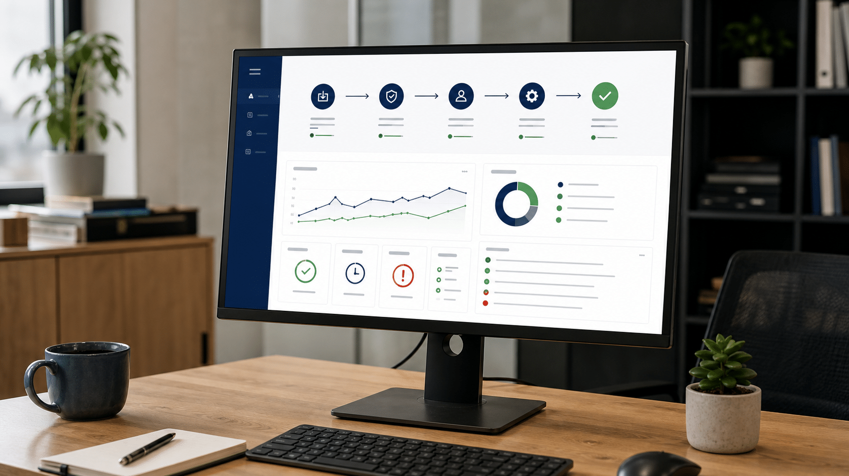 Workflow automation dashboard showing process stages and exceptions