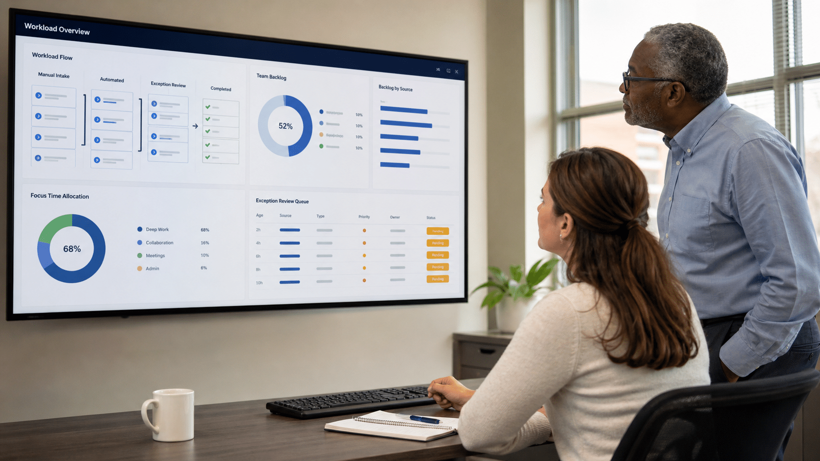 Employees reviewing automated work and human exceptions