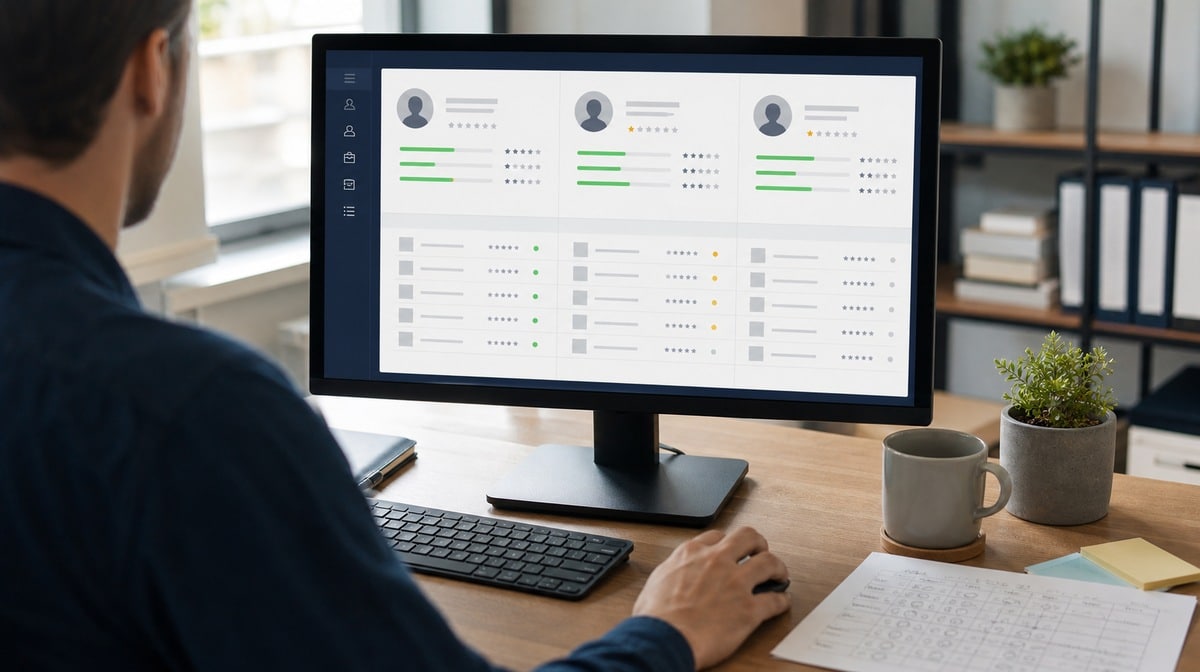 Manager comparing freelance candidates on a desktop monitor