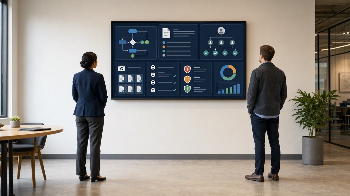 Compliance team reviewing seven BPM software capabilities on an operations display