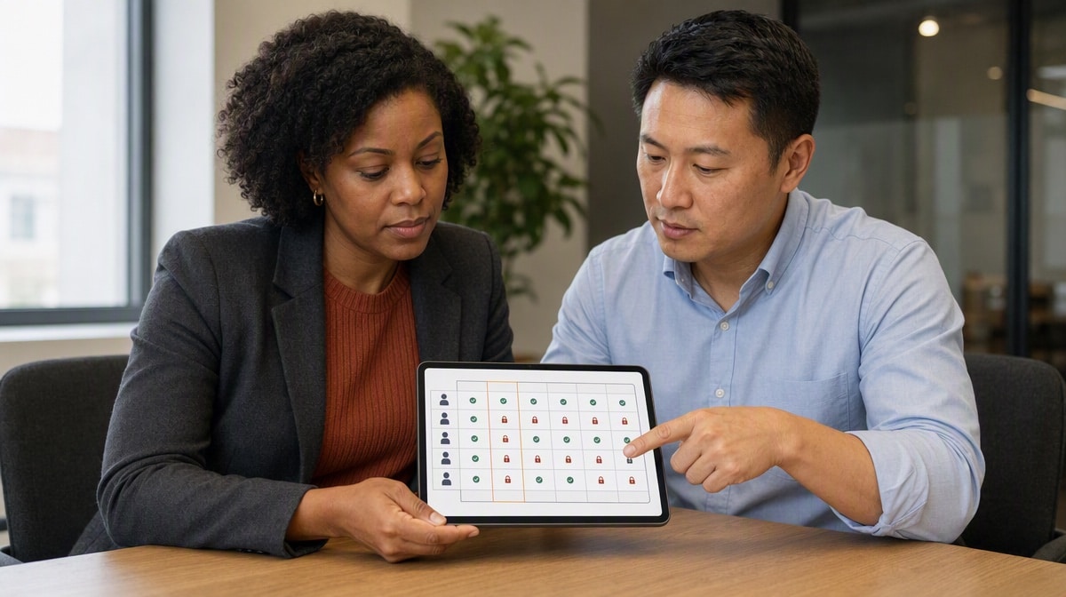 Two compliance colleagues reviewing role-based BPM permissions on a tablet