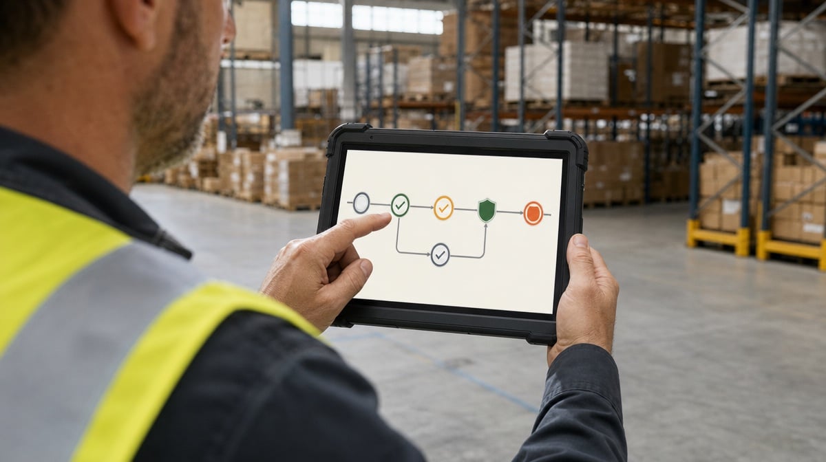 Supervisor reviewing controlled BPM process versions on a rugged tablet