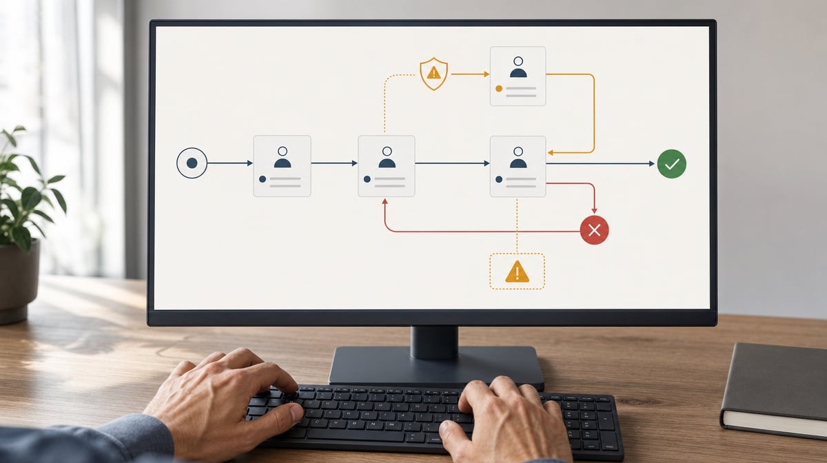 Hands operating a BPM approval and exception dashboard on a desktop screen