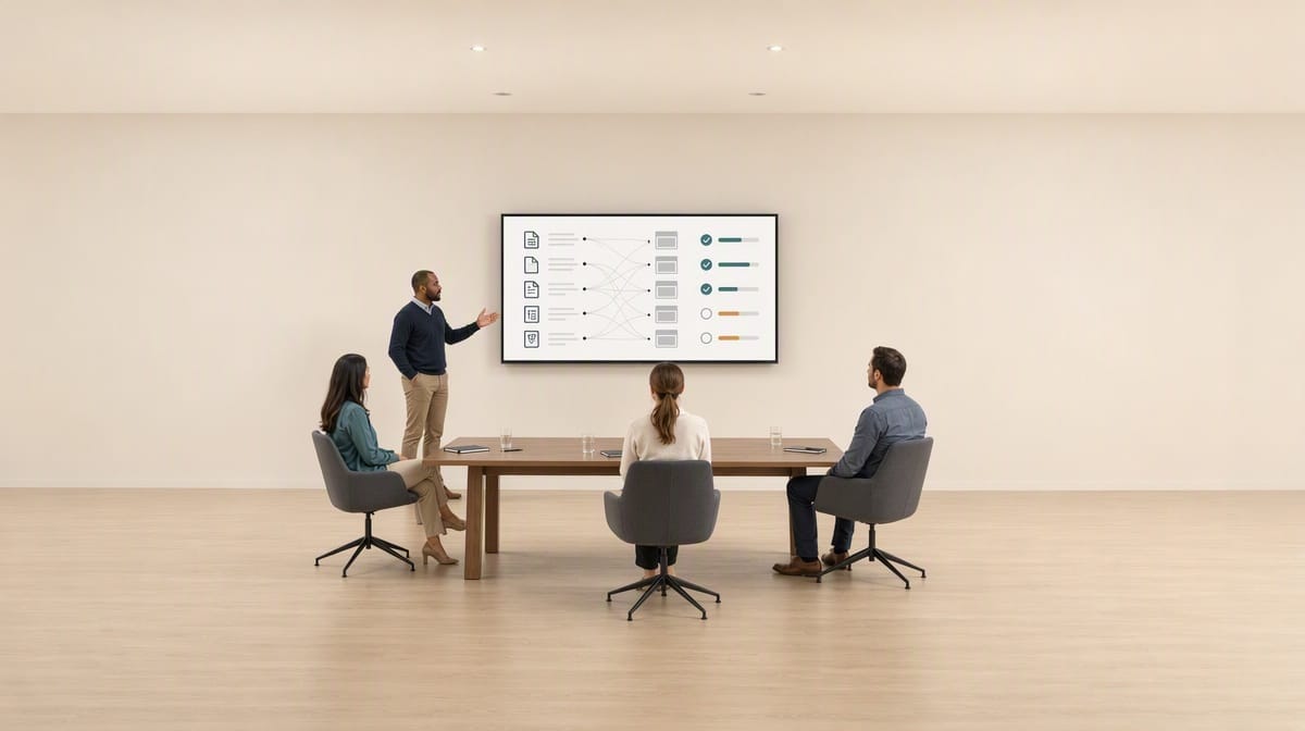 Compliance team mapping workflow evidence to controls on a meeting-room display