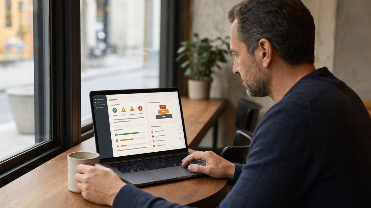 Business owner monitoring BPM deadlines and exceptions from a cafe laptop