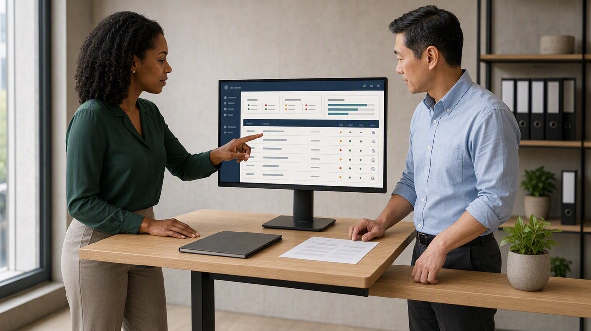 Two colleagues reviewing BPM compliance reports on an external monitor at a standing desk