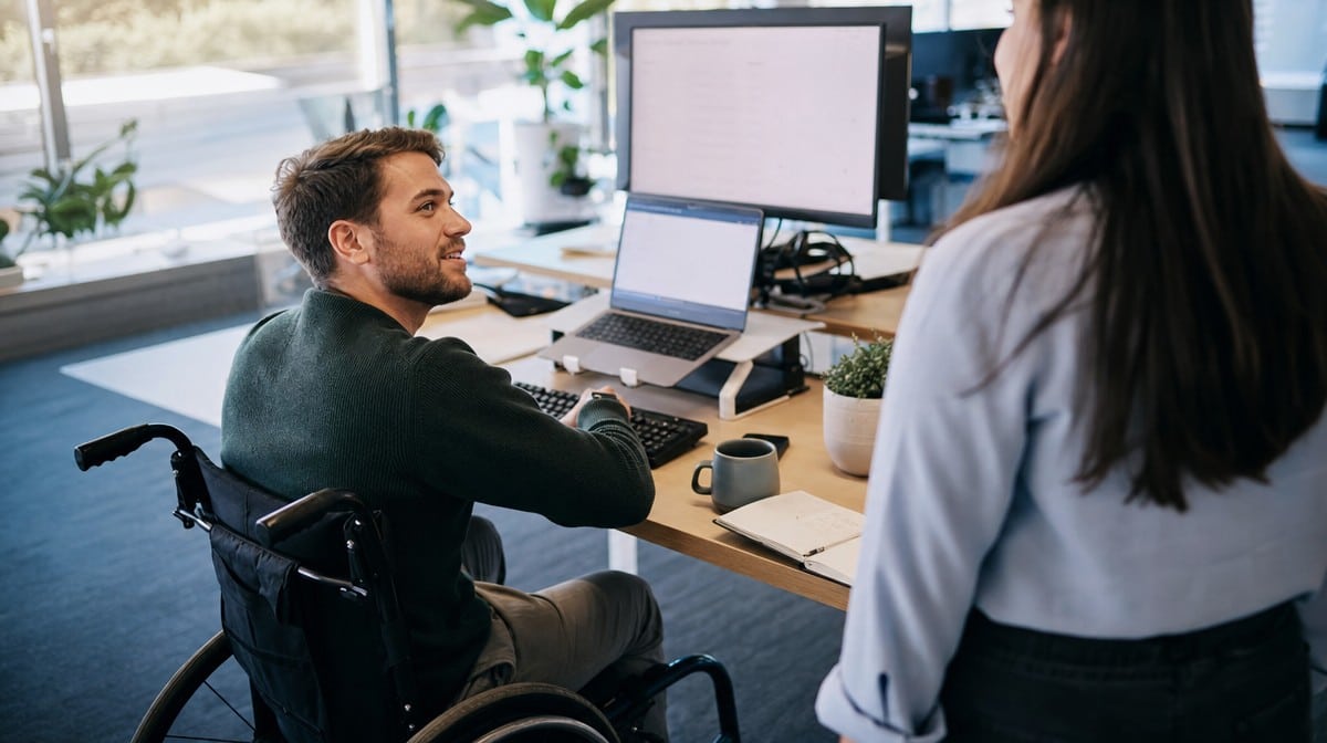 Employee using a wheelchair working at an accessible sit-stand desk while a colleague chats nearby