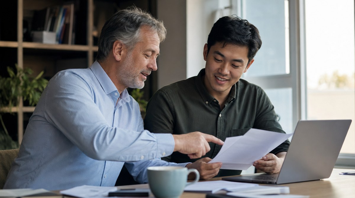 Experienced mentor guiding a younger mentee through documents at a desk