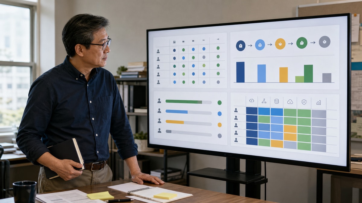 Hiring manager reviewing a team skills matrix and hiring pipeline dashboard