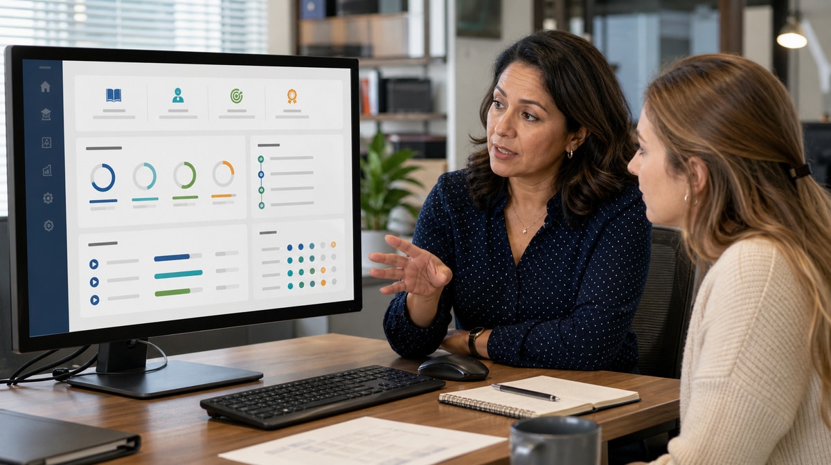 Manager and employee reviewing professional development and coaching milestones