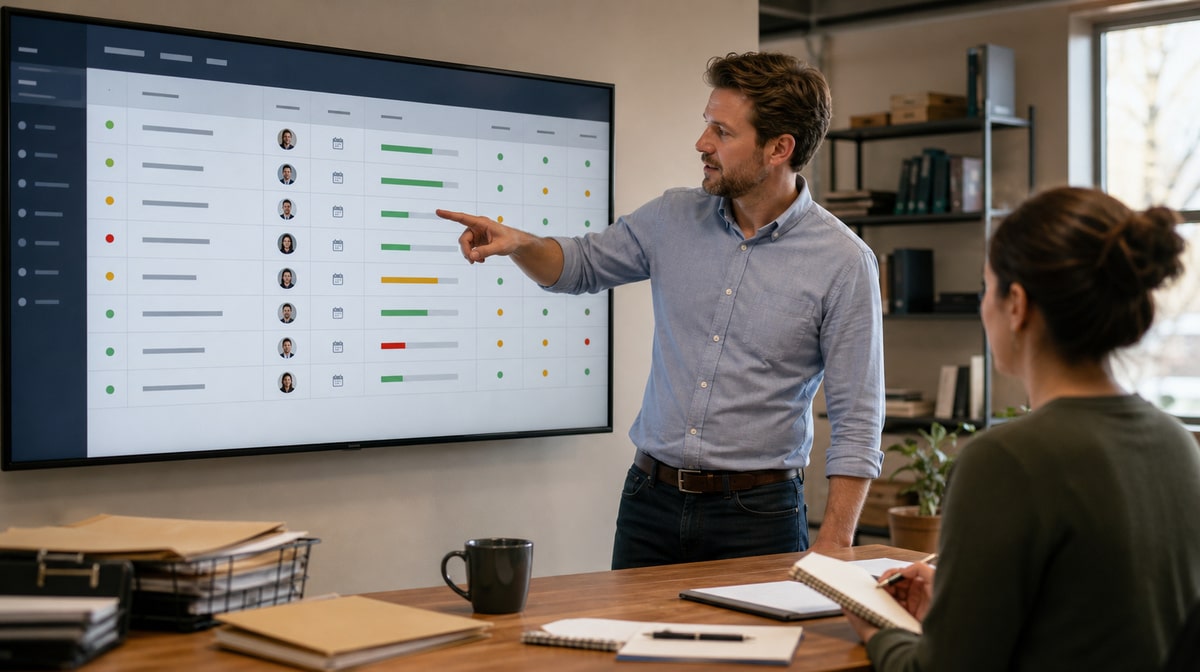 Business owner delegating responsibility using an operations dashboard with owners and deadlines