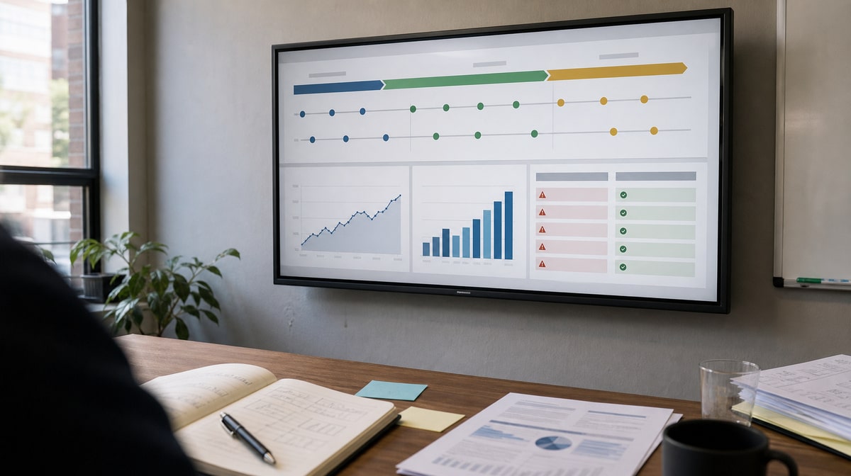 Three-year business strategy roadmap with milestones, customer growth, risks, and opportunities