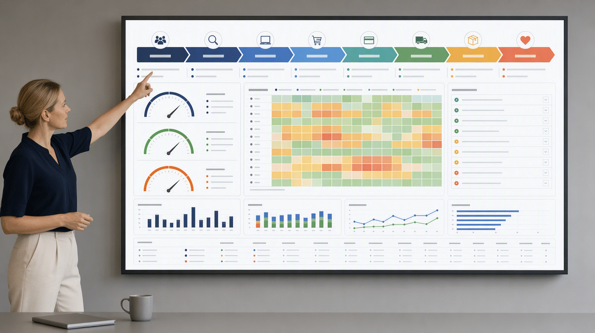 Manager presenting a customer experience quality standard dashboard