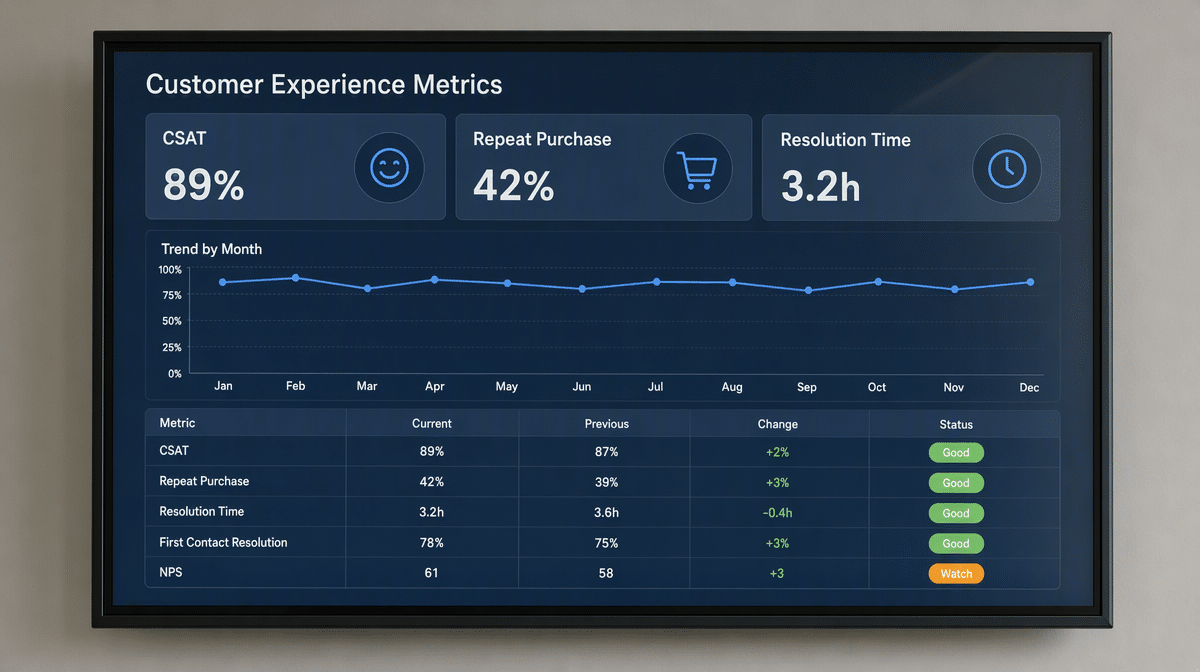 Customer experience metrics dashboard with satisfaction and resolution KPIs