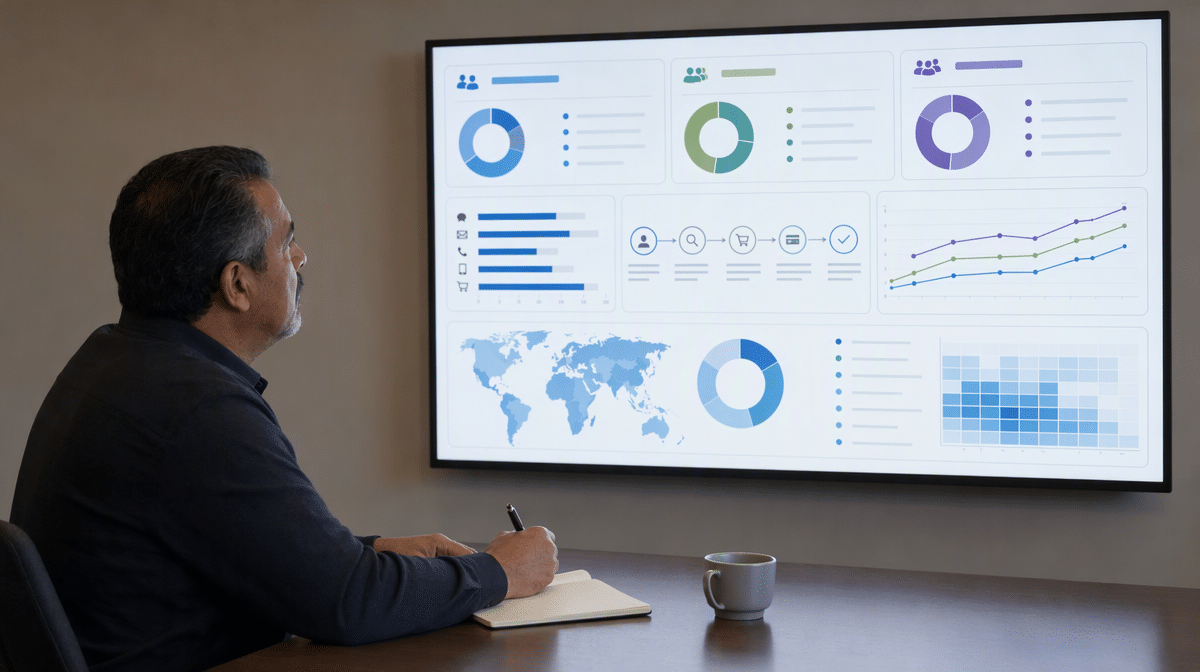 Analyst reviewing customer segments and journey patterns on a large display