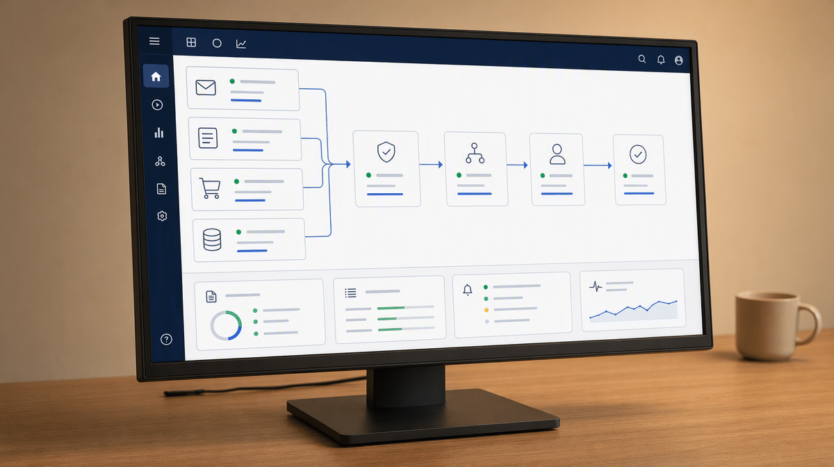 Business process automation dashboard routing work from intake through validation and approval