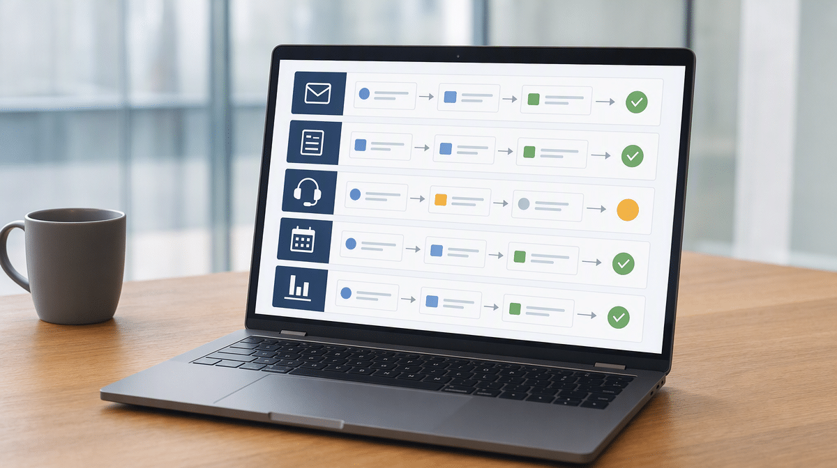 Automation dashboard coordinating email, order entry, support, marketing, and business reports