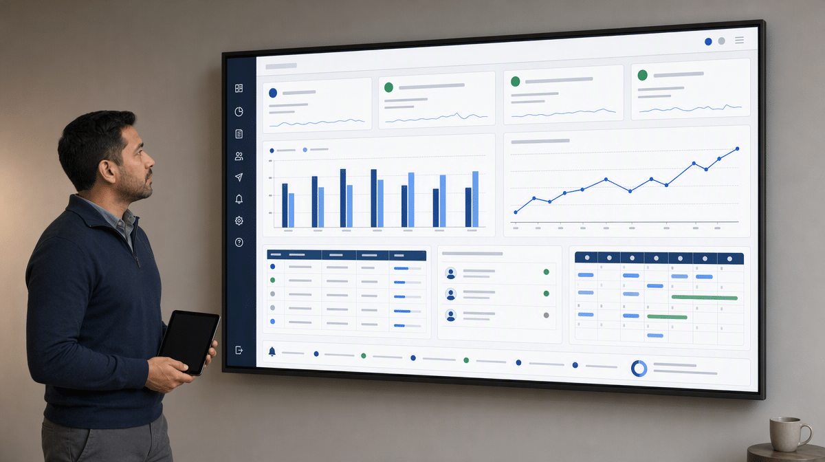 Operations analyst reviewing scheduled business reports and distribution status on a large display