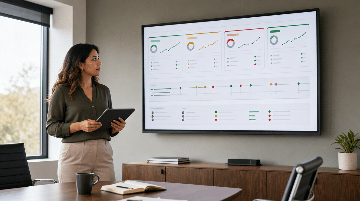 Executive reviewing company goals and process performance on a dashboard