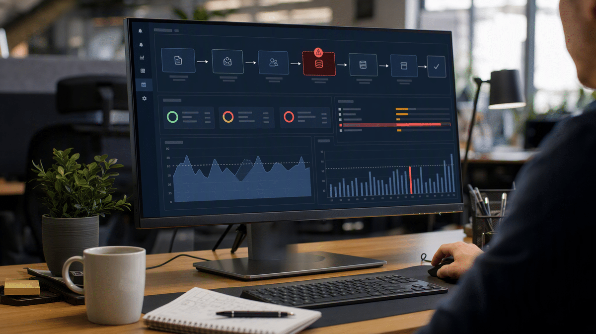 Process workflow dashboard highlighting a bottleneck and performance trends