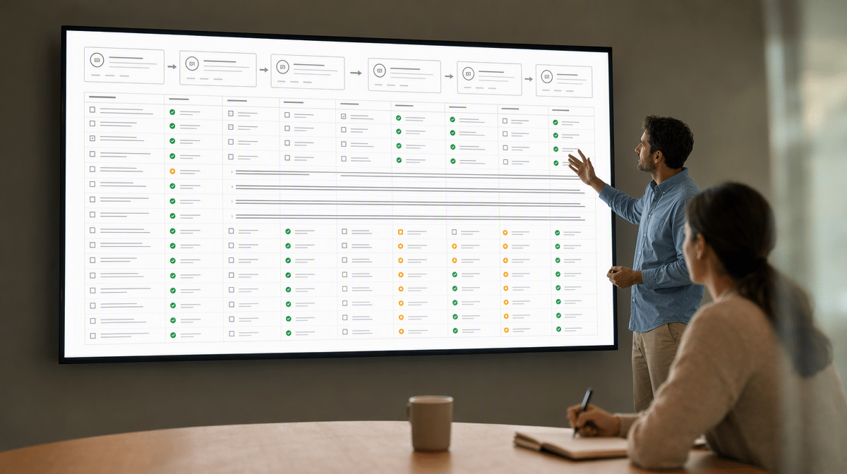 Team reviewing a pilot workflow and action checklist on a meeting room display