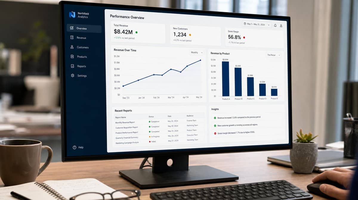 Desk monitor showing a business intelligence dashboard with a revenue trend line and KPI cards