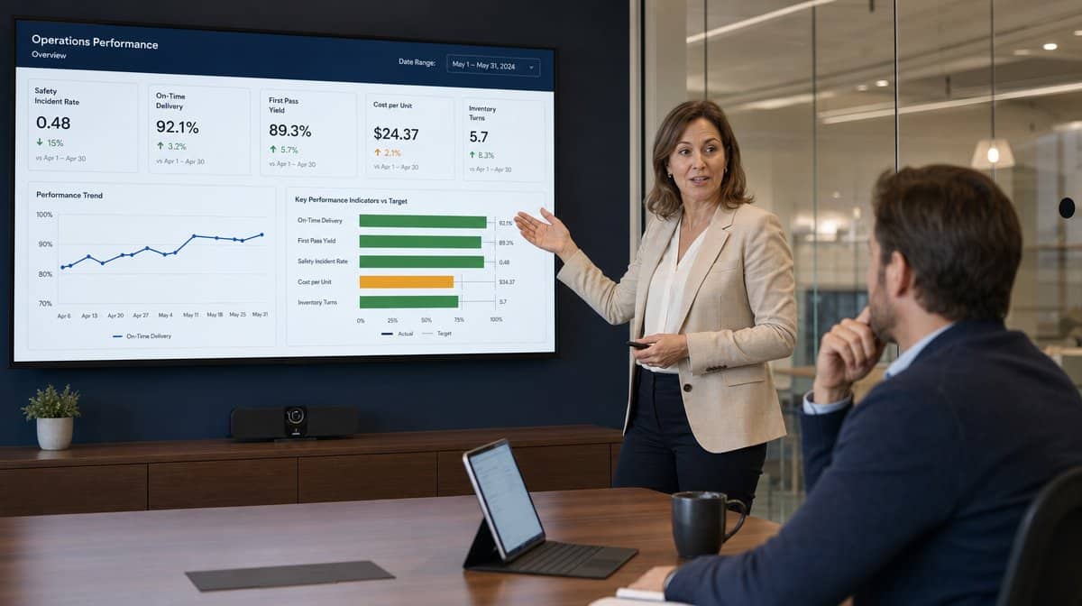 Manager presenting a performance management scoreboard on a wall display to a colleague