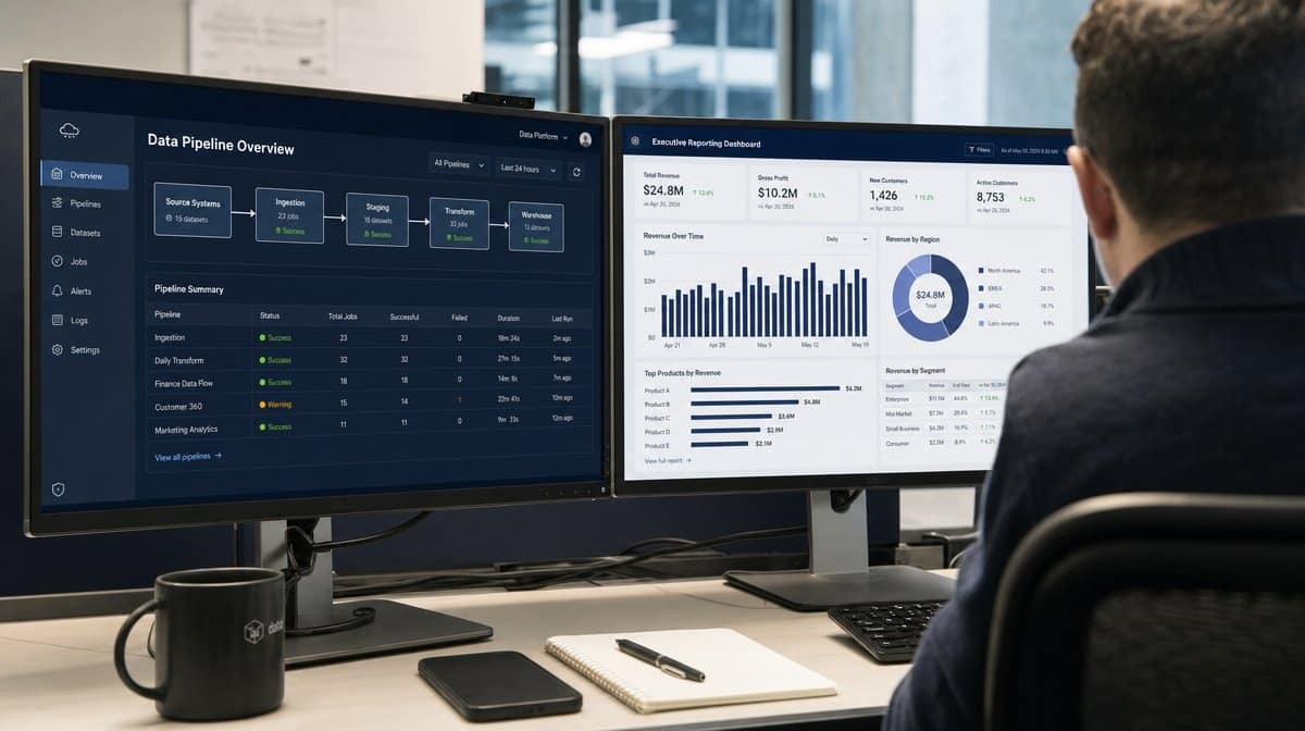 Dual monitors showing a data warehouse pipeline overview and an executive reporting dashboard