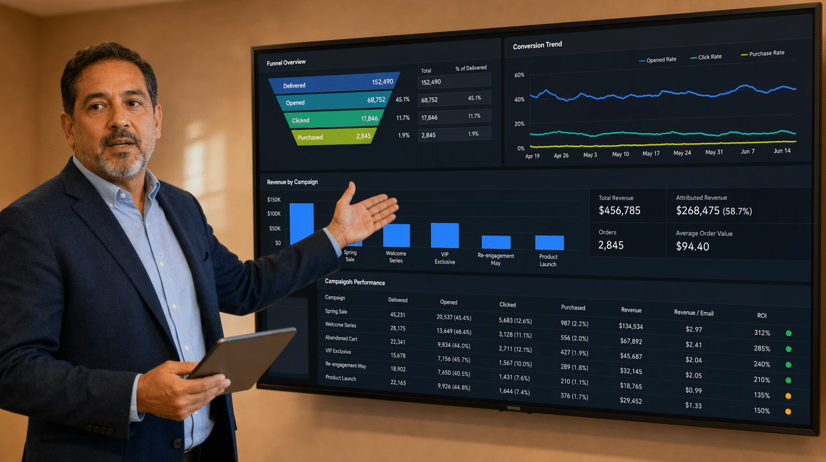 Sales leader reviewing email conversions and attributed revenue