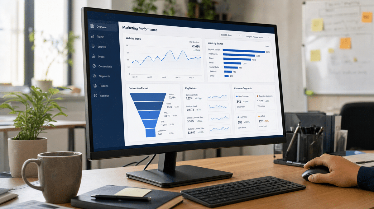 Marketing performance dashboard tracking website traffic, leads, and conversions