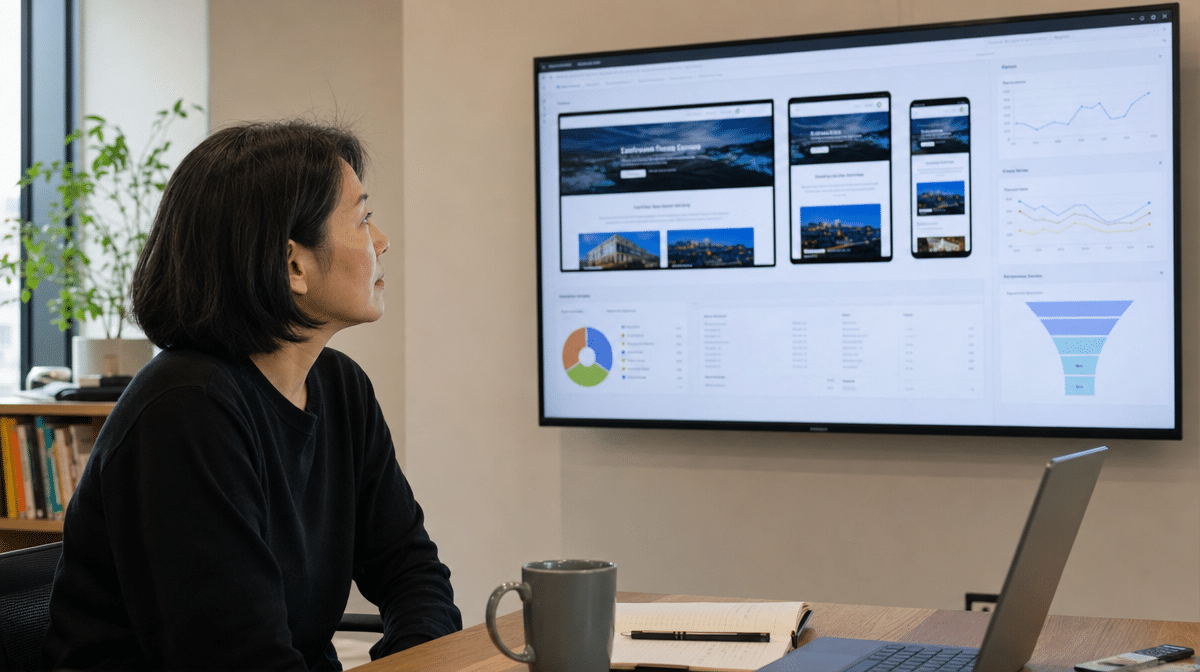Web manager reviewing responsive page previews and website conversion analytics