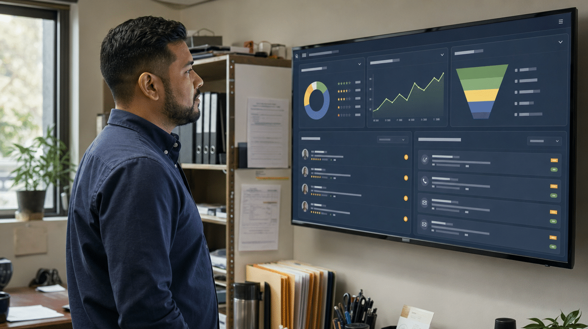 Business owner reviewing customer feedback trends and a referral pipeline dashboard