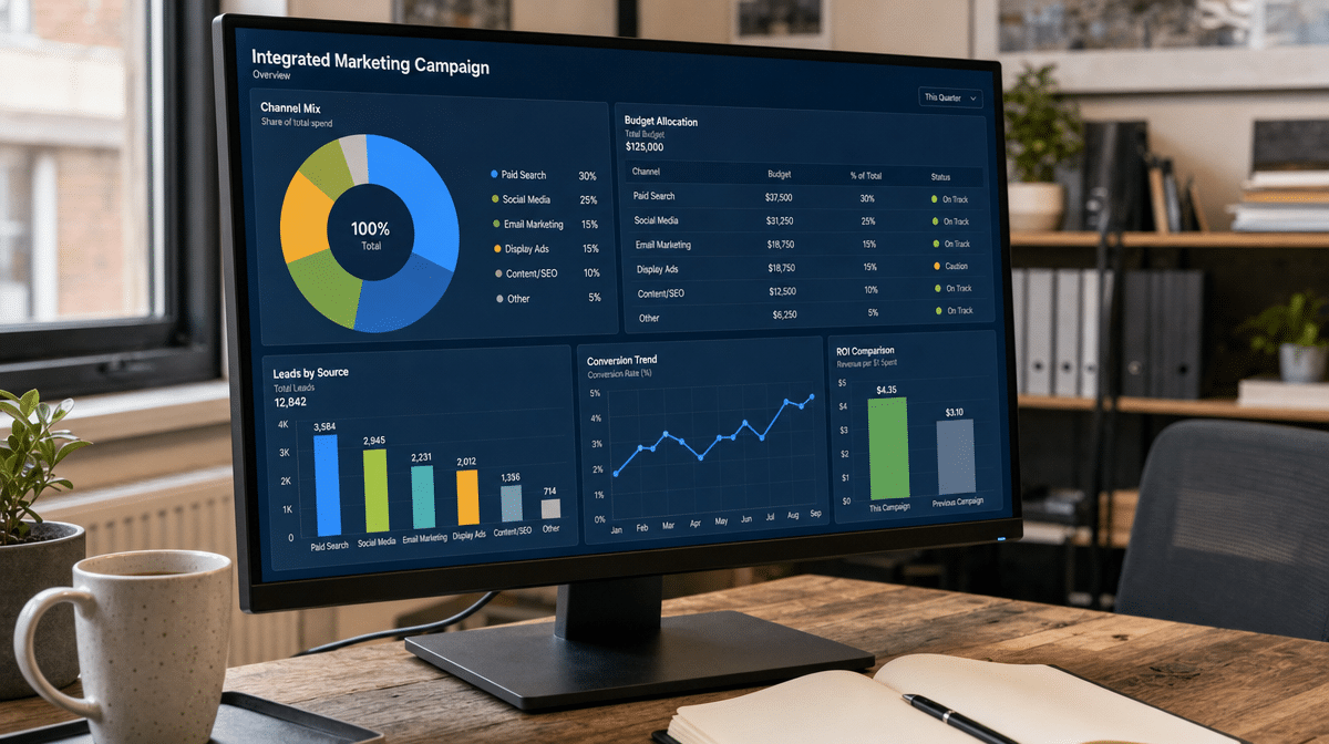 Integrated marketing dashboard comparing channel mix, leads, conversions, and campaign results