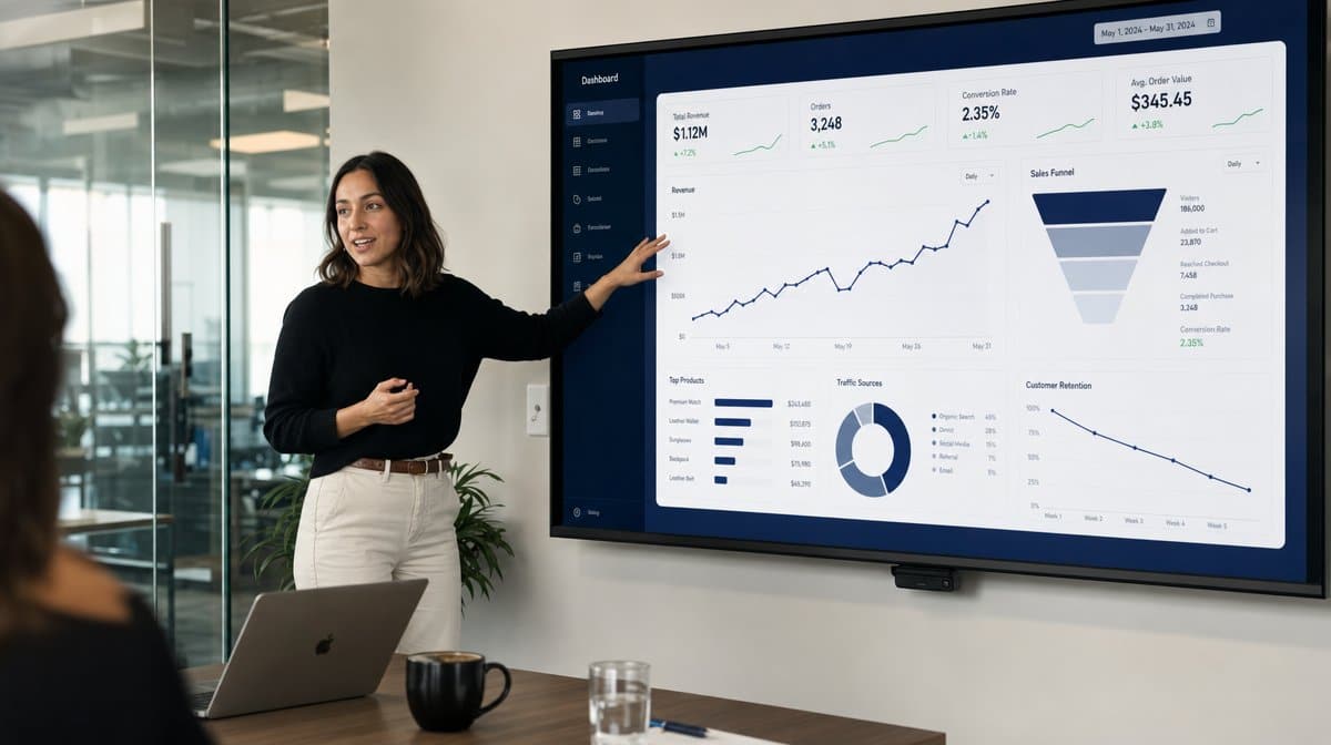 Marketer presenting an online sales analytics dashboard on a wall display