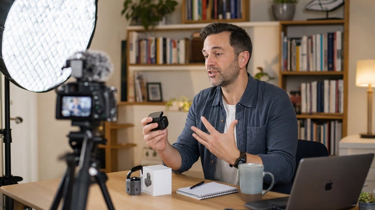 Business owner recording a how-to product video at a desk with a camera