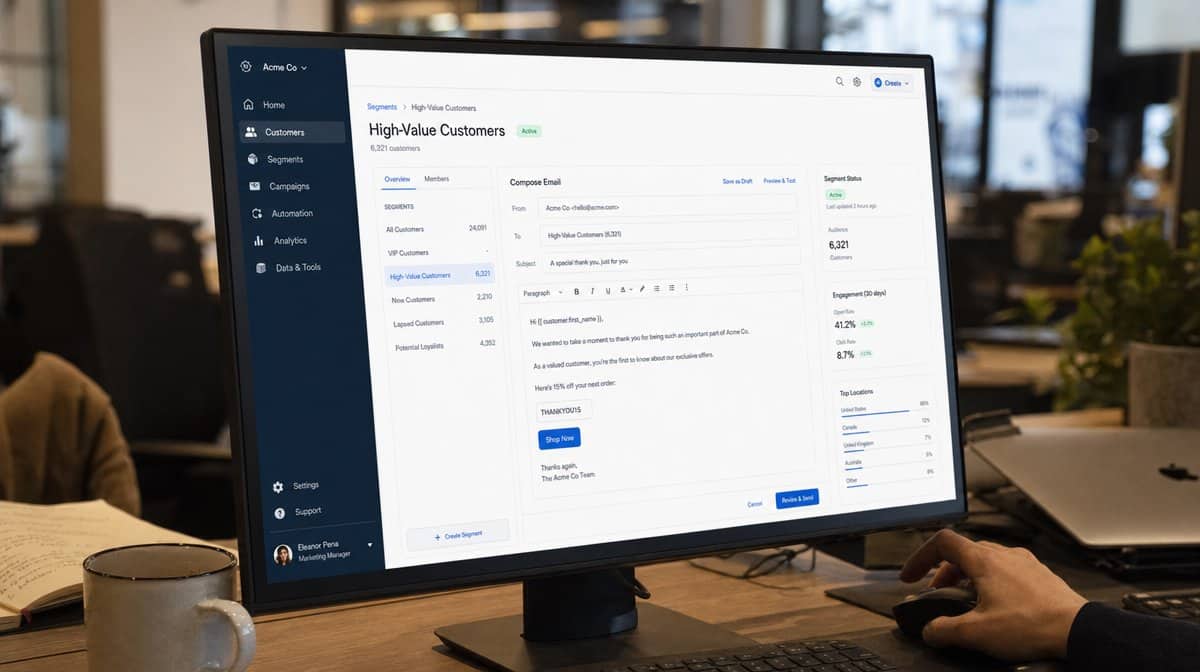 Desk monitor showing a personalized customer email and CRM interface