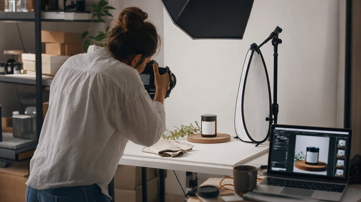 Product photographer shooting a small product under studio lighting